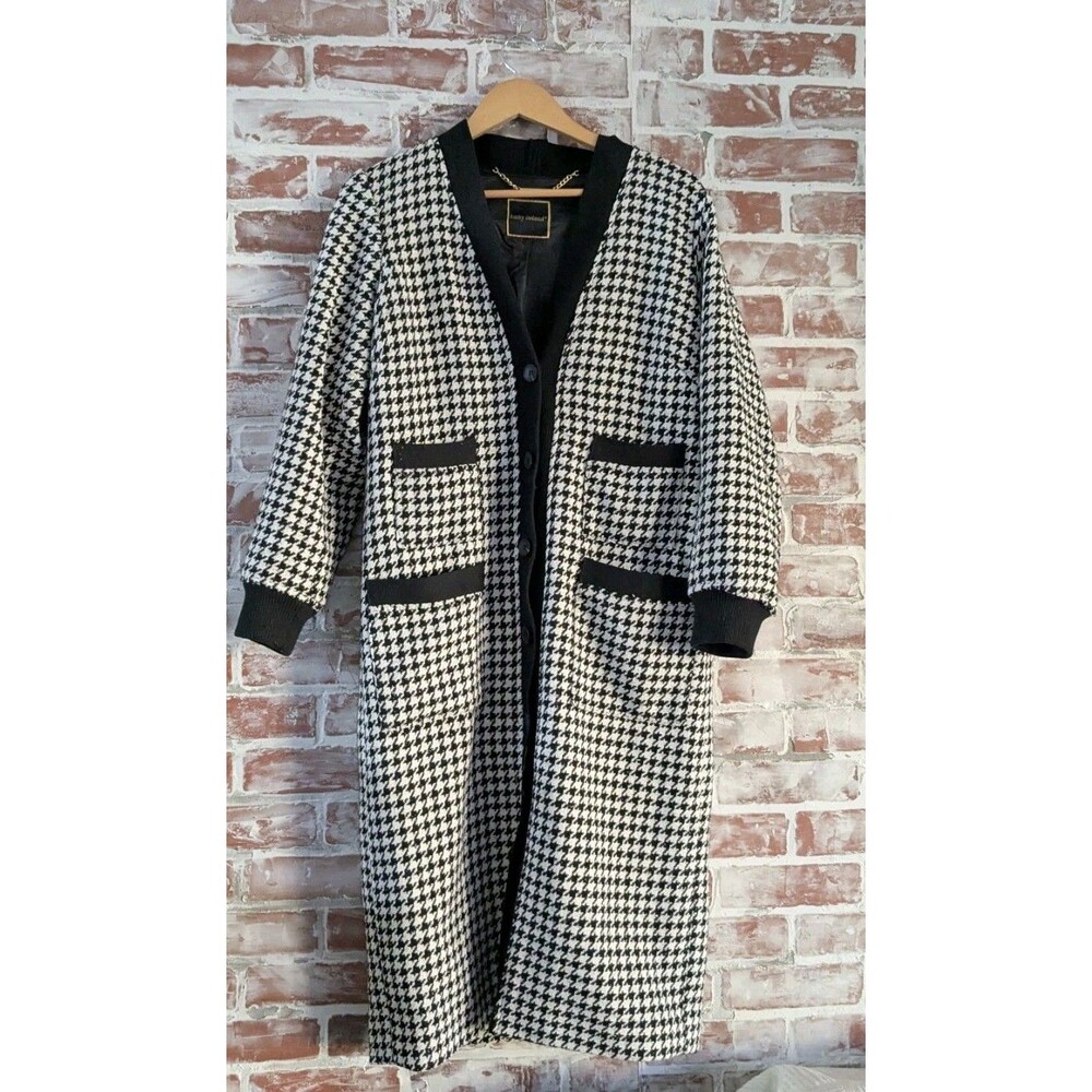 Kathy Ireland Long Houndstooth Tweed Cardigan Sweater Lined Jacket Black XL